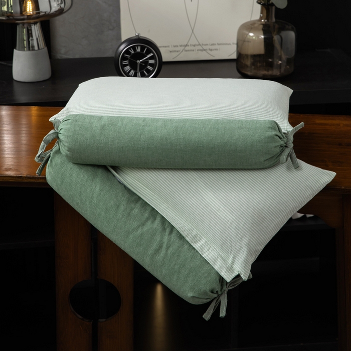 91家纺网 家纺一手货源 找家纺 仁宇枕业 2026新款全棉水洗棉二合一可拆分全棉荞麦壳组合牵引枕枕头枕芯 无印条纹风组合系列荞麦枕-绿色