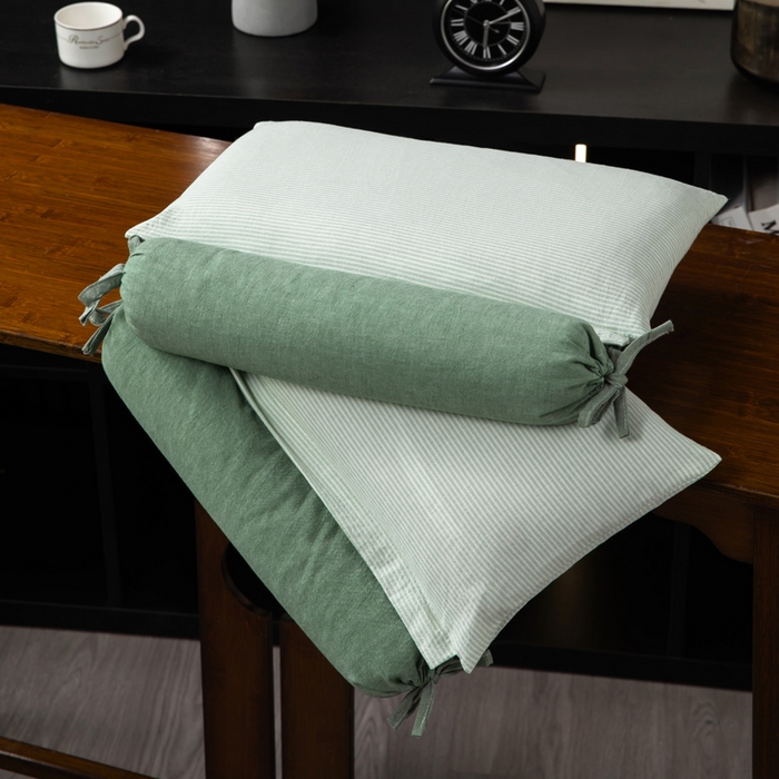 91家纺网 家纺一手货源 找家纺 仁宇枕业 2026新款全棉水洗棉二合一可拆分全棉荞麦壳组合牵引枕枕头枕芯 无印条纹风组合系列荞麦枕-绿色