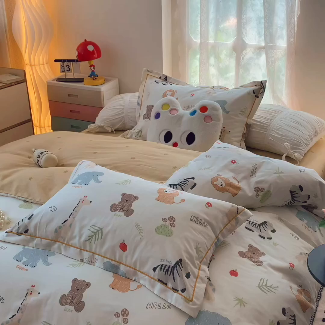 91家纺网 家纺一手货源 找家纺 奈萝家纺 2025新款全棉纯棉小清新印花四件套-第二波 动物园