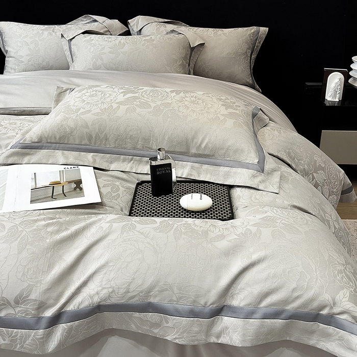 91家纺网 家纺一手货源 找家纺 60支花开富贵长绒棉丝光全棉提花四件套 花开富贵-绅士灰