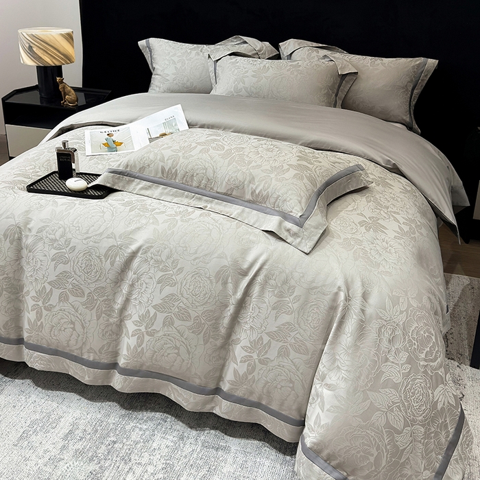 91家纺网 家纺一手货源 找家纺 60支花开富贵长绒棉丝光全棉提花四件套 花开富贵-绅士灰