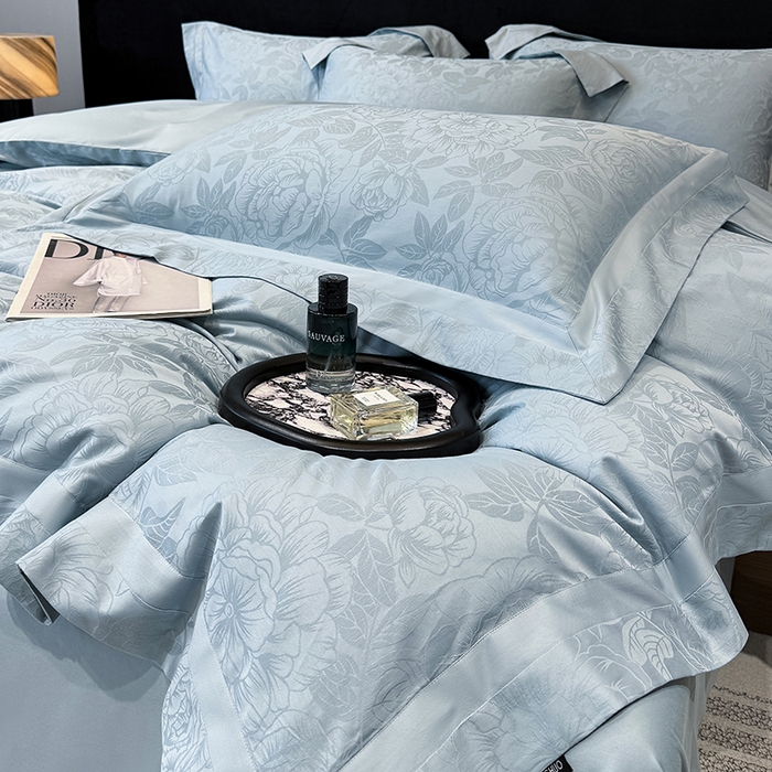 91家纺网 家纺一手货源 找家纺 60支花开富贵长绒棉丝光全棉提花四件套 花开富贵-温馨蓝