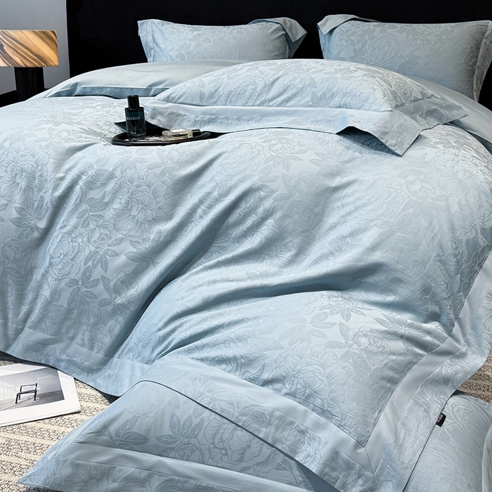 91家纺网 家纺一手货源 找家纺 60支花开富贵长绒棉丝光全棉提花四件套 花开富贵-温馨蓝