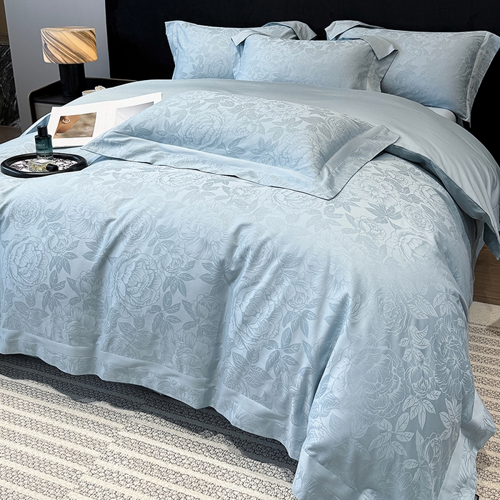 91家纺网 家纺一手货源 找家纺 60支花开富贵长绒棉丝光全棉提花四件套 花开富贵-温馨蓝