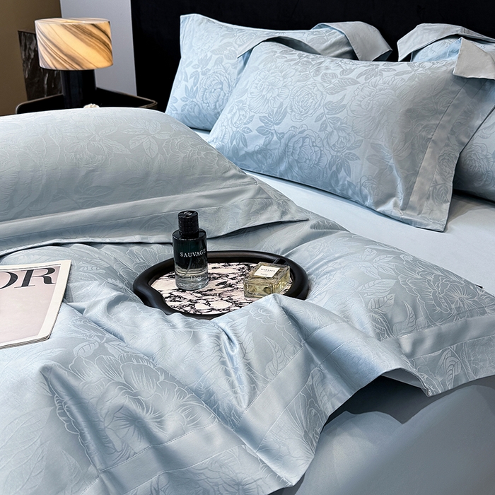 91家纺网 家纺一手货源 找家纺 60支花开富贵长绒棉丝光全棉提花四件套 花开富贵-温馨蓝