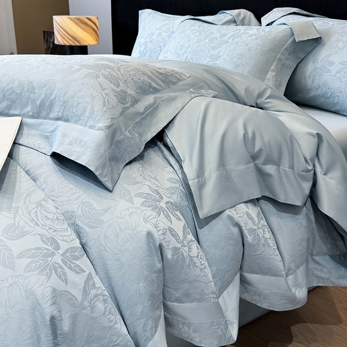 91家纺网 家纺一手货源 找家纺 60支花开富贵长绒棉丝光全棉提花四件套 花开富贵-温馨蓝