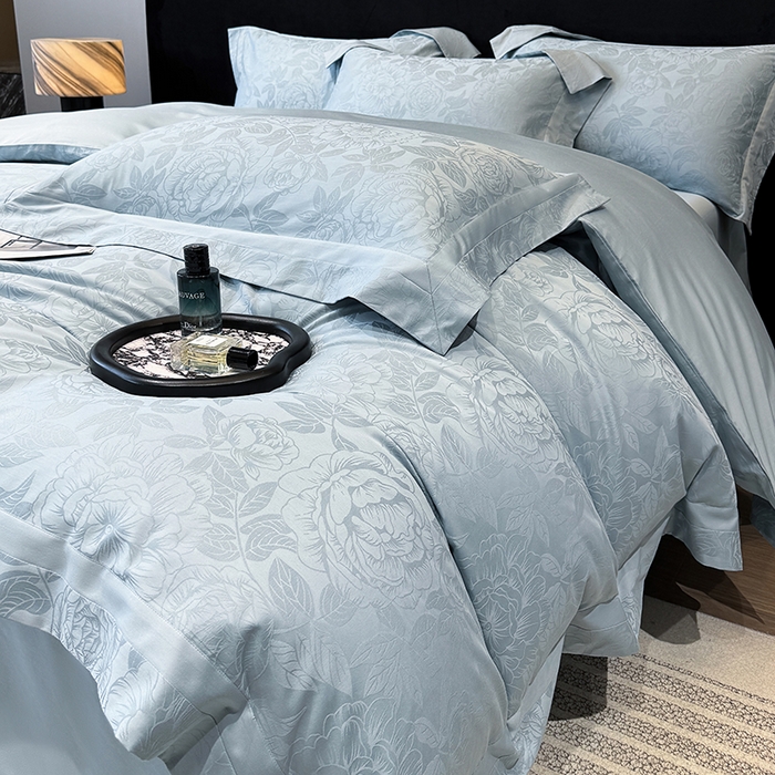 91家纺网 家纺一手货源 找家纺 60支花开富贵长绒棉丝光全棉提花四件套 花开富贵-温馨蓝