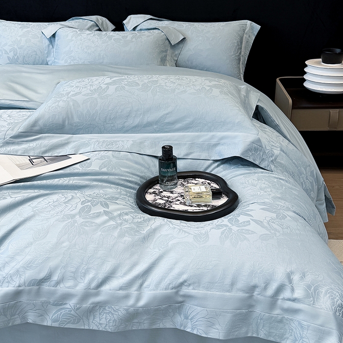 91家纺网 家纺一手货源 找家纺 60支花开富贵长绒棉丝光全棉提花四件套 花开富贵-温馨蓝