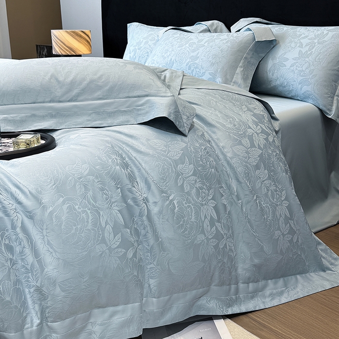 91家纺网 家纺一手货源 找家纺 60支花开富贵长绒棉丝光全棉提花四件套 花开富贵-温馨蓝