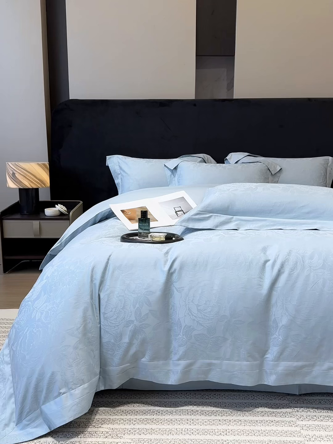 91家纺网 家纺一手货源 找家纺 60支花开富贵长绒棉丝光全棉提花四件套 花开富贵-温馨蓝