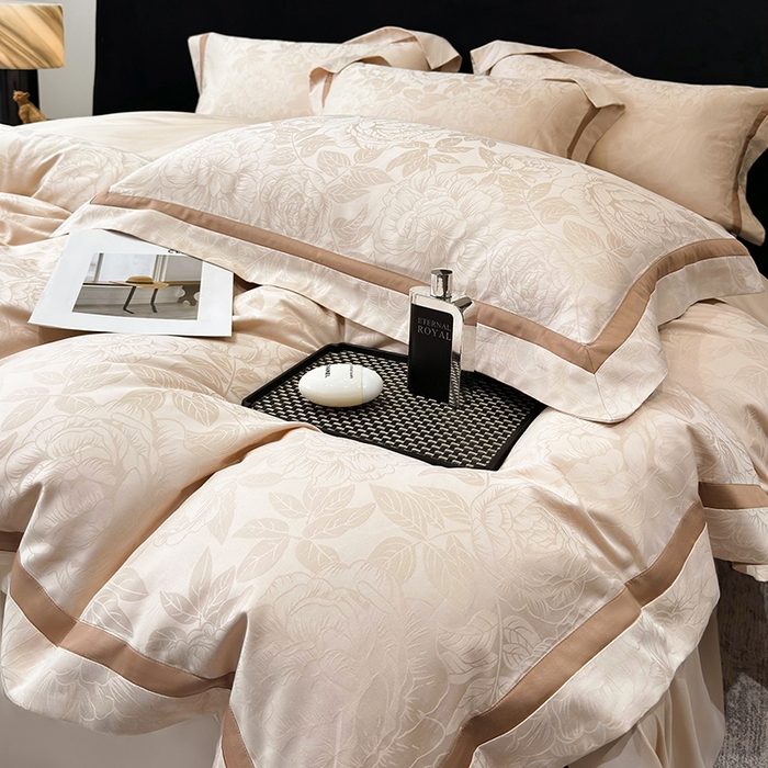 91家纺网 家纺一手货源 找家纺 60支花开富贵长绒棉丝光全棉提花四件套 花开富贵-香槟金