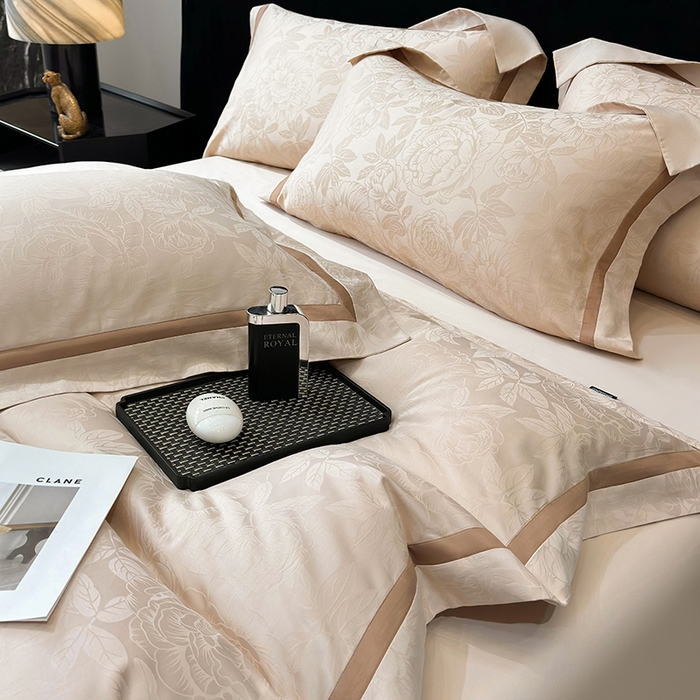 91家纺网 家纺一手货源 找家纺 60支花开富贵长绒棉丝光全棉提花四件套 花开富贵-香槟金