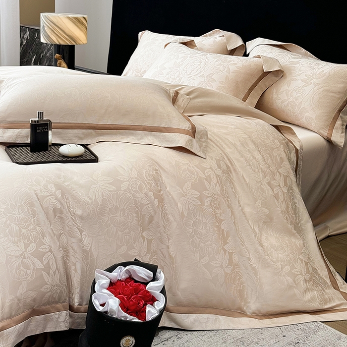 91家纺网 家纺一手货源 找家纺 60支花开富贵长绒棉丝光全棉提花四件套 花开富贵-香槟金