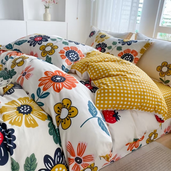 91家纺网 家纺一手货源 找家纺 钰锦铂2026新款直播爆款全棉四件套13070吊边床单一字绣印花纯棉三件套四件套 暖阳朵朵