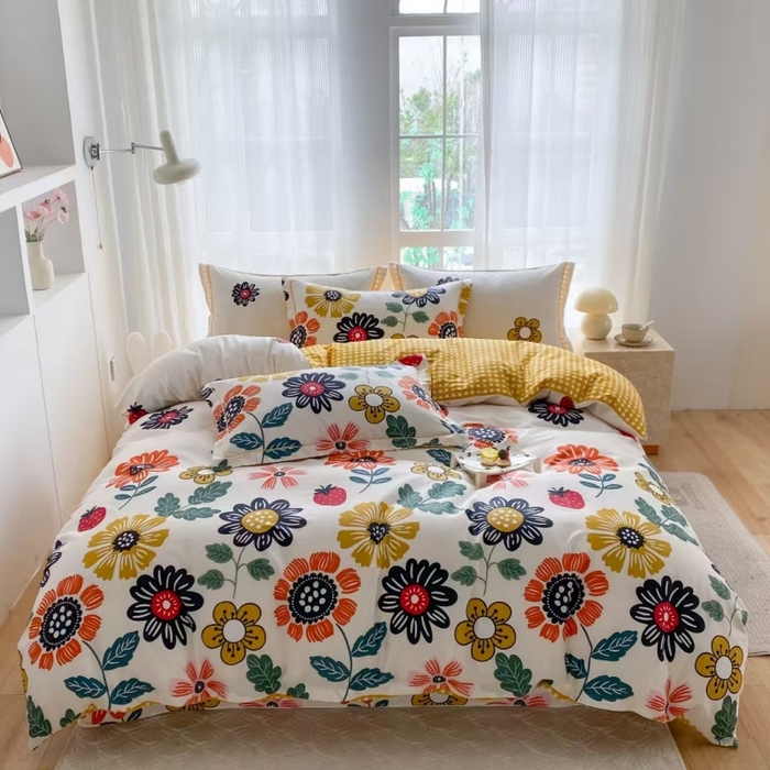 91家纺网 家纺一手货源 找家纺 钰锦铂2026新款直播爆款全棉四件套13070吊边床单一字绣印花纯棉三件套四件套 暖阳朵朵