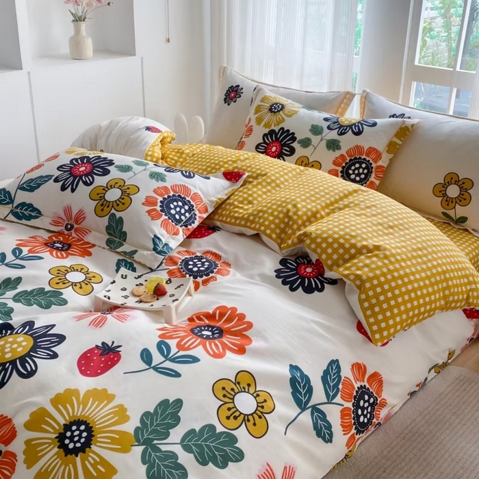 91家纺网 家纺一手货源 找家纺 钰锦铂2026新款直播爆款全棉四件套13070吊边床单一字绣印花纯棉三件套四件套 暖阳朵朵