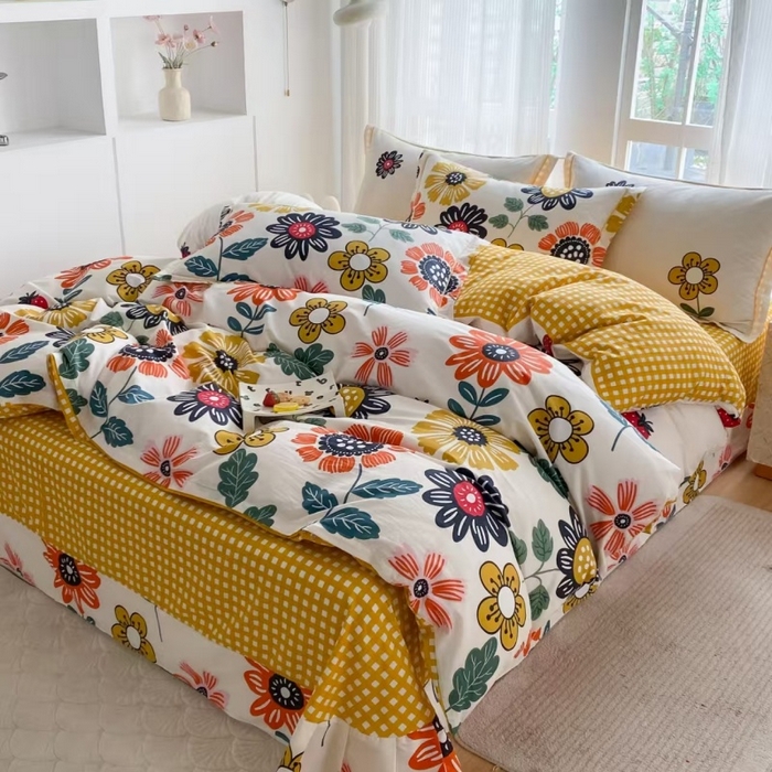 91家纺网 家纺一手货源 找家纺 钰锦铂2026新款直播爆款全棉四件套13070吊边床单一字绣印花纯棉三件套四件套 暖阳朵朵