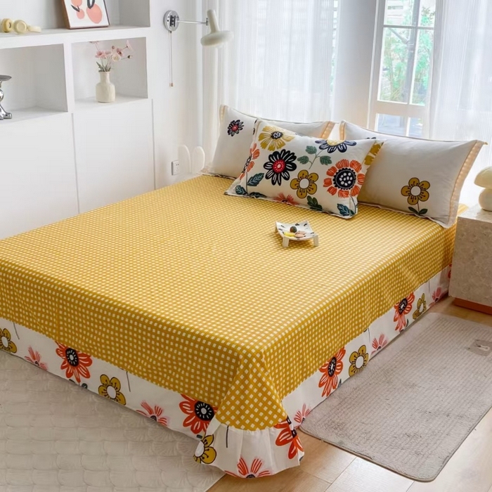 91家纺网 家纺一手货源 找家纺 钰锦铂2026新款直播爆款全棉四件套13070吊边床单一字绣印花纯棉三件套四件套 暖阳朵朵