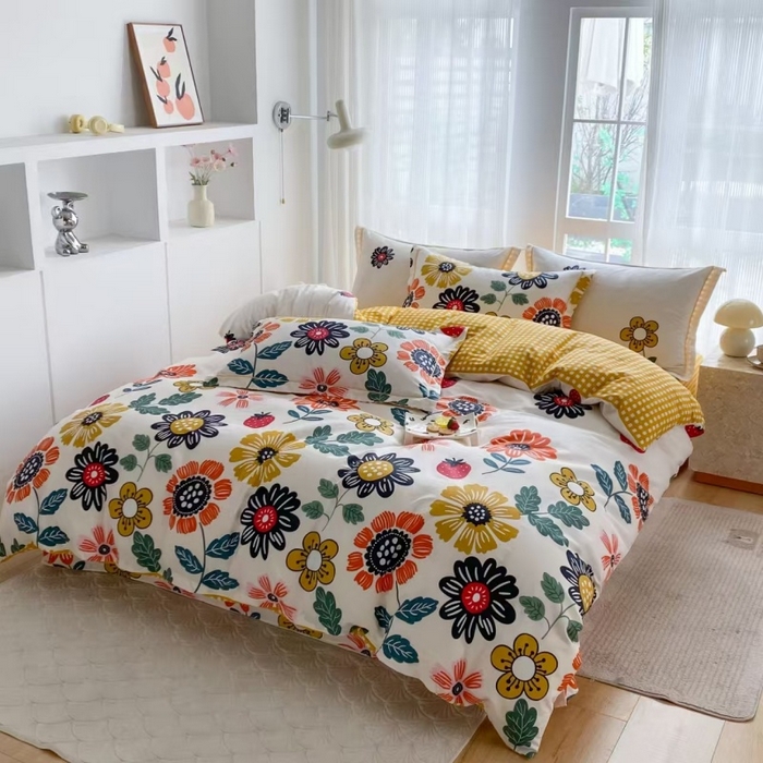 91家纺网 家纺一手货源 找家纺 钰锦铂2026新款直播爆款全棉四件套13070吊边床单一字绣印花纯棉三件套四件套 暖阳朵朵
