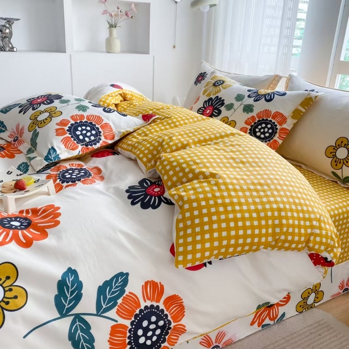 91家纺网 家纺一手货源 找家纺 钰锦铂2026新款直播爆款全棉四件套13070吊边床单一字绣印花纯棉三件套四件套 暖阳朵朵