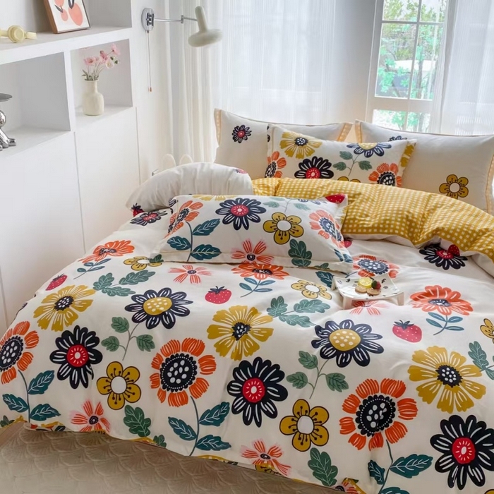 91家纺网 家纺一手货源 找家纺 钰锦铂2026新款直播爆款全棉四件套13070吊边床单一字绣印花纯棉三件套四件套 暖阳朵朵