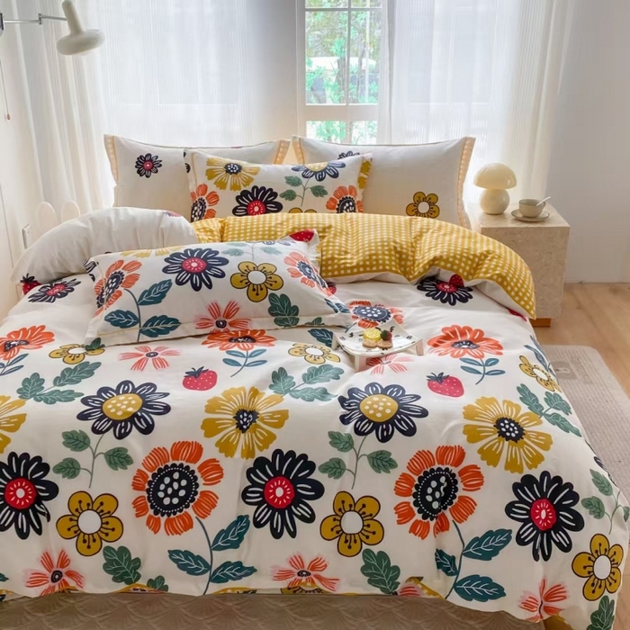 91家纺网 家纺一手货源 找家纺 钰锦铂2026新款直播爆款全棉四件套13070吊边床单一字绣印花纯棉三件套四件套 暖阳朵朵