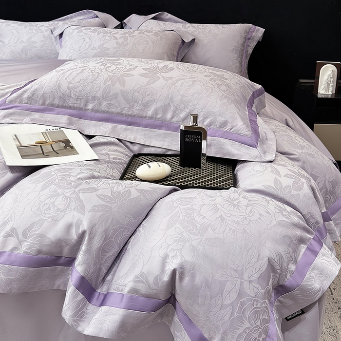 91家纺网 家纺一手货源 找家纺 60支花开富贵长绒棉丝光全棉提花四件套 花开富贵-优雅紫