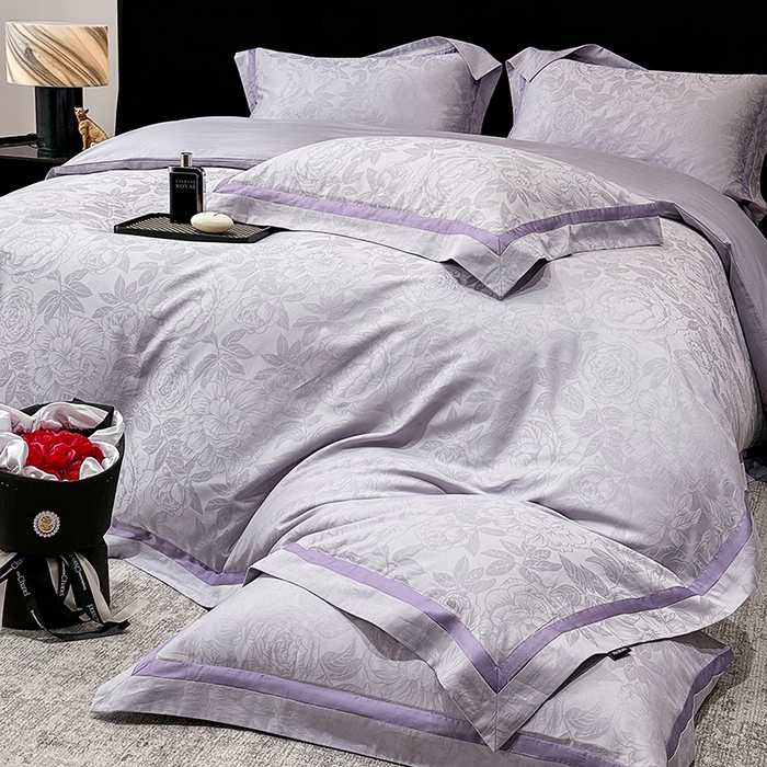 91家纺网 家纺一手货源 找家纺 60支花开富贵长绒棉丝光全棉提花四件套 花开富贵-优雅紫