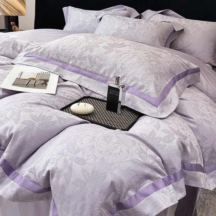 91家纺网 家纺一手货源 找家纺 60支花开富贵长绒棉丝光全棉提花四件套 花开富贵-优雅紫