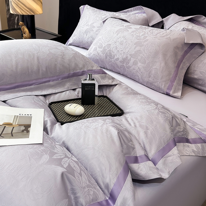 91家纺网 家纺一手货源 找家纺 60支花开富贵长绒棉丝光全棉提花四件套 花开富贵-优雅紫