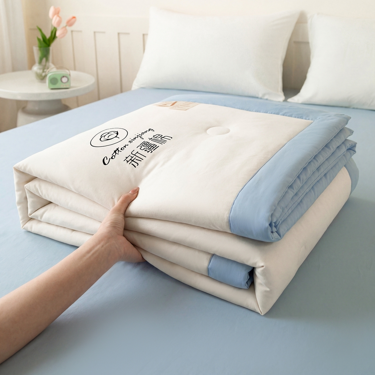 91家纺网 家纺一手货源 找家纺 （总）安琪家纺 2026春夏新款A类新疆棉花纯色撞色双拼夏被夏凉被空调被