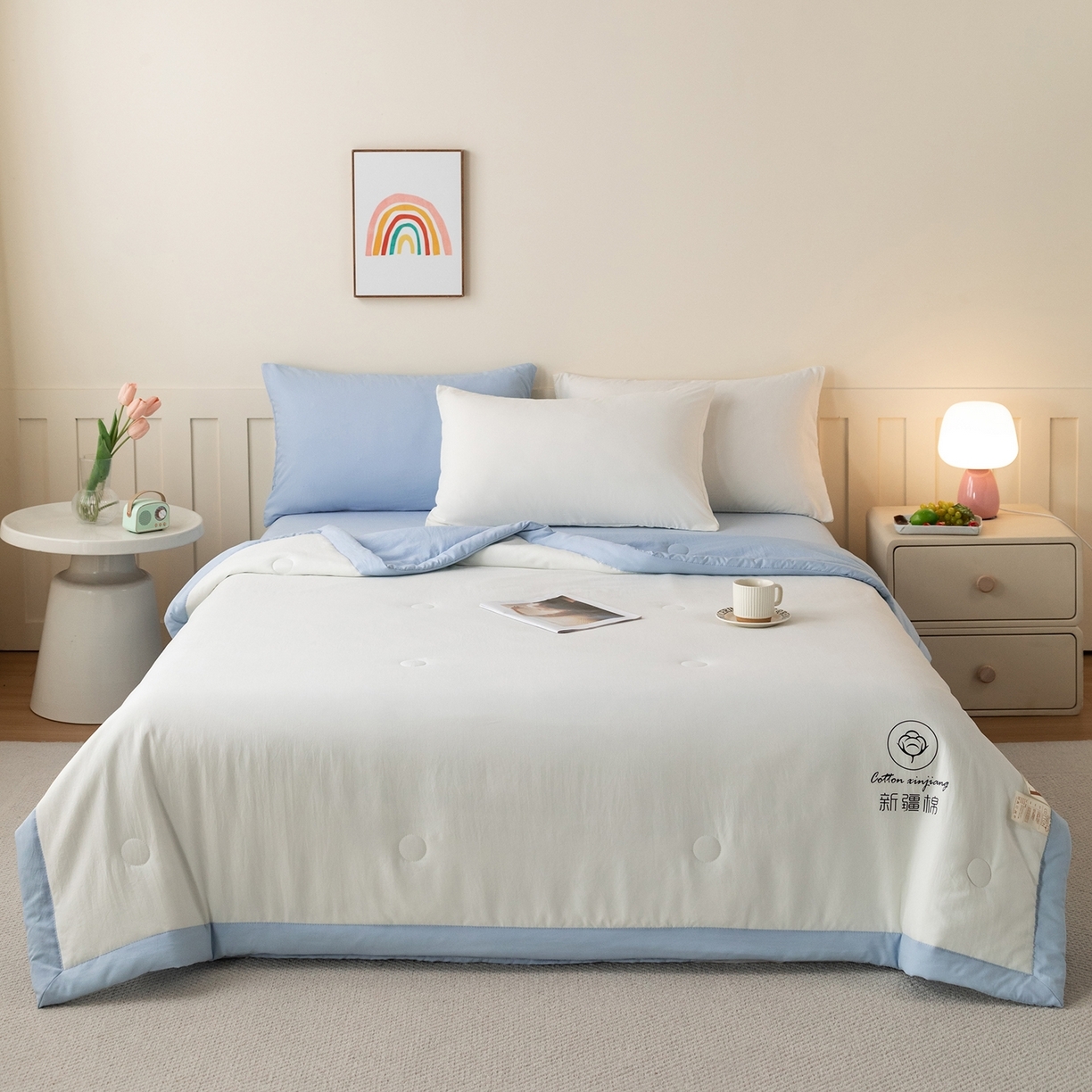 91家纺网 家纺一手货源 找家纺 （总）安琪家纺 2026春夏新款A类新疆棉花纯色撞色双拼夏被夏凉被空调被