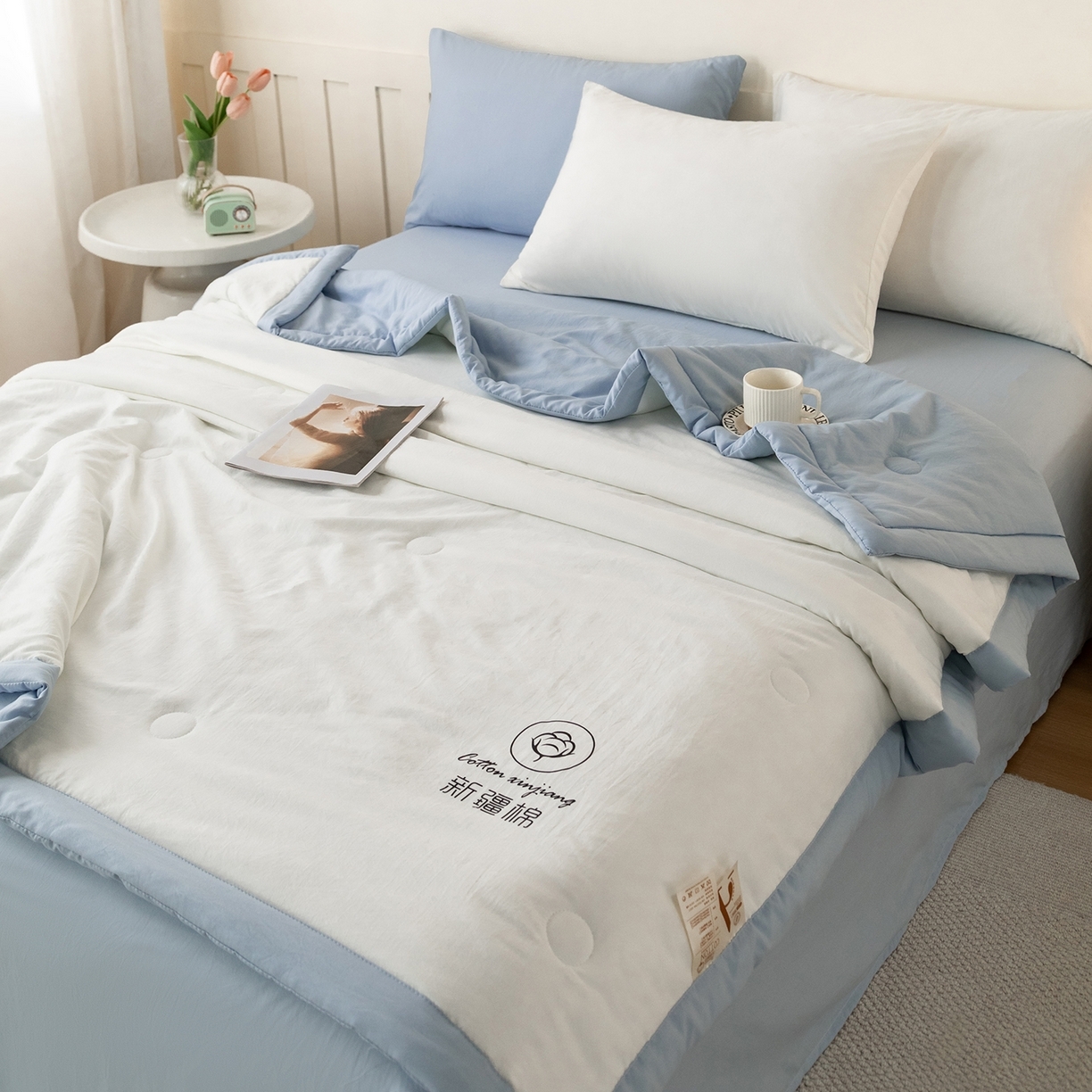 91家纺网 家纺一手货源 找家纺 （总）安琪家纺 2026春夏新款A类新疆棉花纯色撞色双拼夏被夏凉被空调被