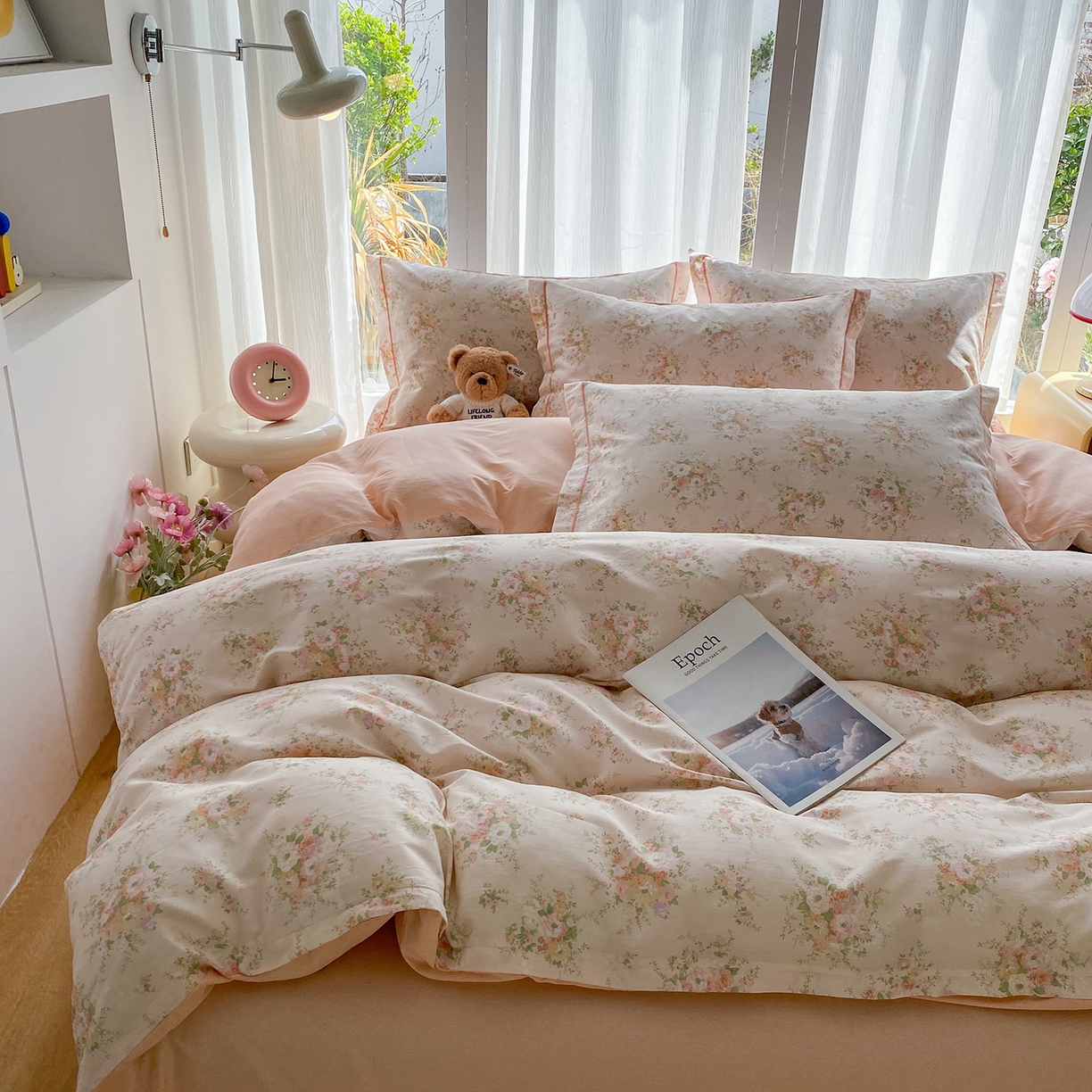 91家纺网 家纺一手货源 找家纺 钰锦铂2026新款直播爆款全棉四件套13070吊边床单一字绣印花纯棉三件套四件套 翩翩花语-粉