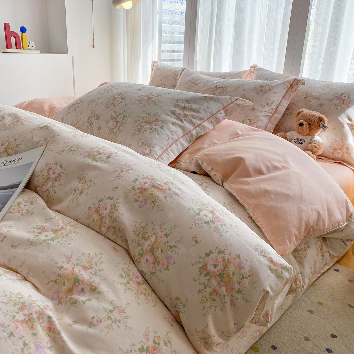 91家纺网 家纺一手货源 找家纺 钰锦铂2026新款直播爆款全棉四件套13070吊边床单一字绣印花纯棉三件套四件套 翩翩花语-粉