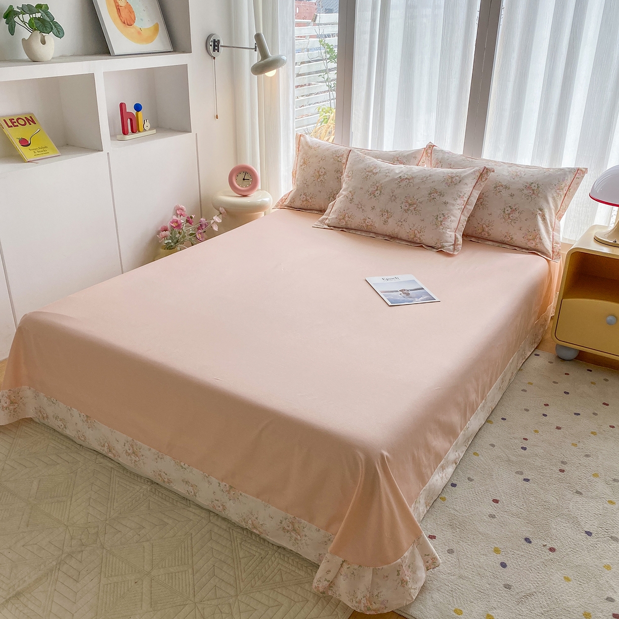 91家纺网 家纺一手货源 找家纺 钰锦铂2026新款直播爆款全棉四件套13070吊边床单一字绣印花纯棉三件套四件套 翩翩花语-粉