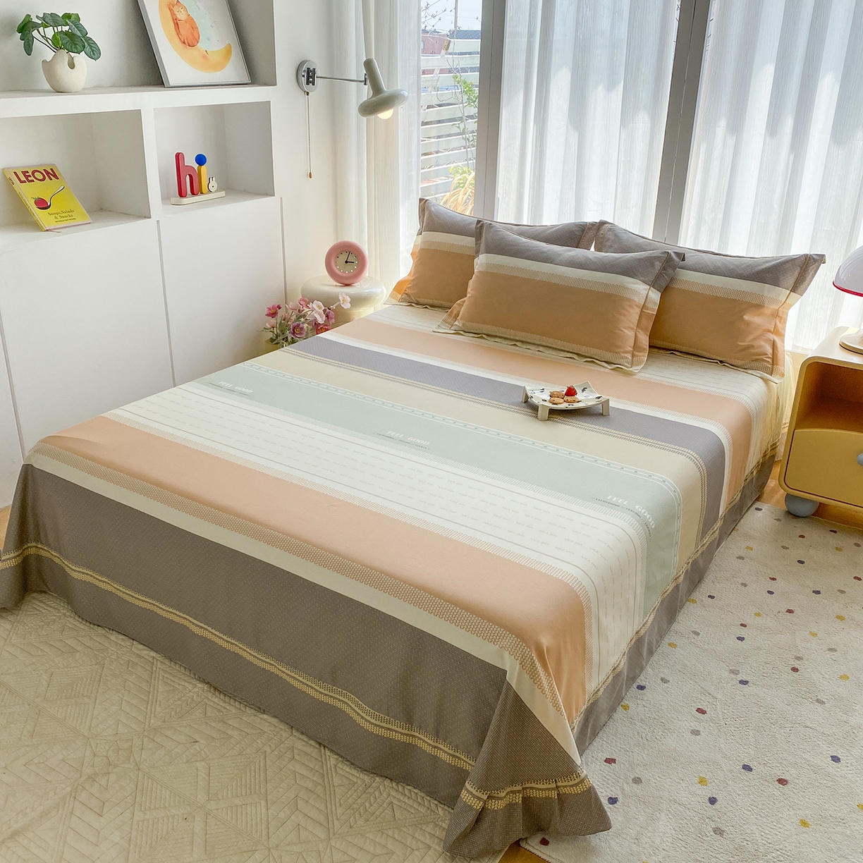 91家纺网 家纺一手货源 找家纺 钰锦铂2026新款直播爆款全棉四件套13070吊边床单一字绣印花纯棉三件套四件套 晴空月半—桔