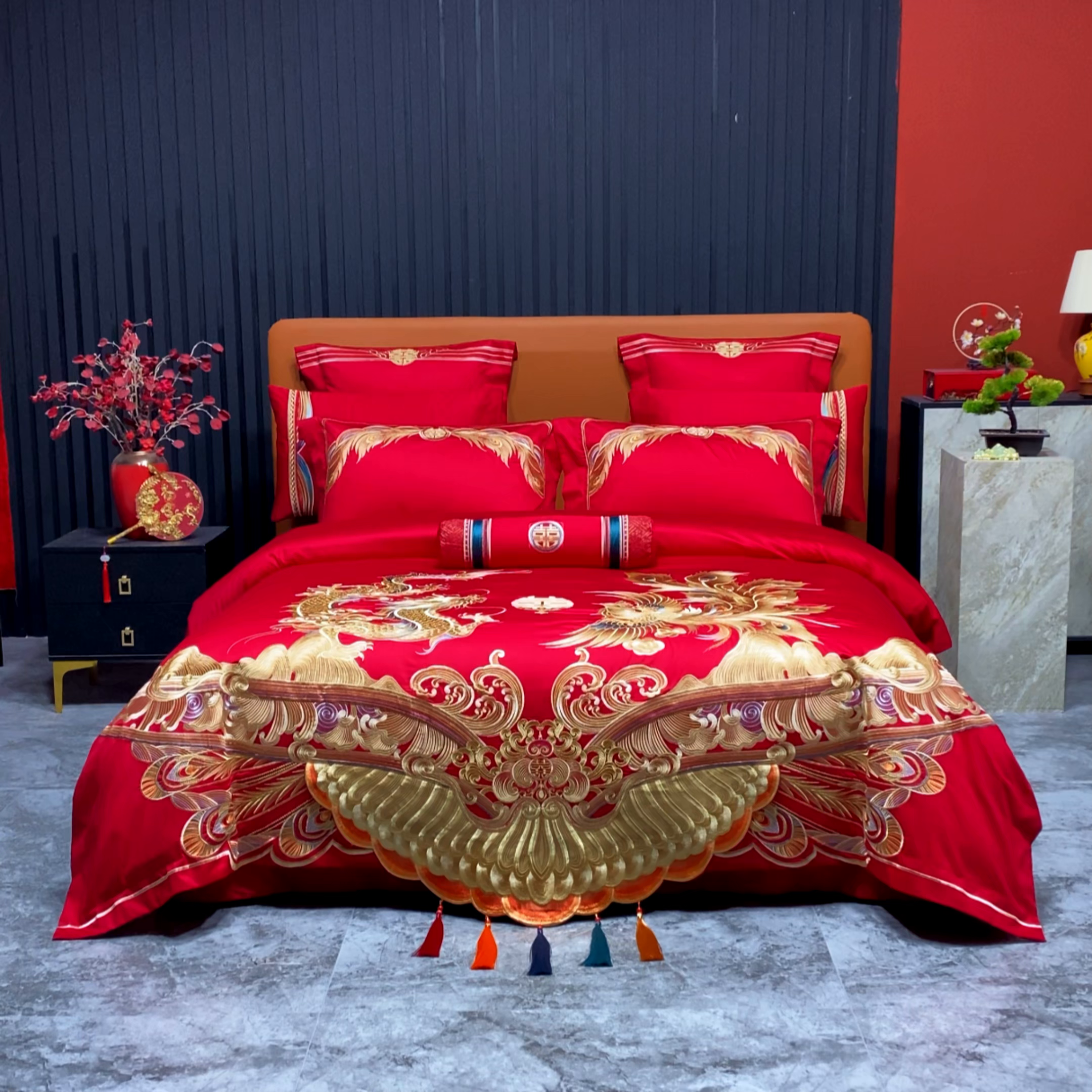 91家纺网 家纺一手货源 找家纺 柏拉图 2026新款100s长绒棉纯棉贡缎提花重工艺刺绣婚庆四件套多件套