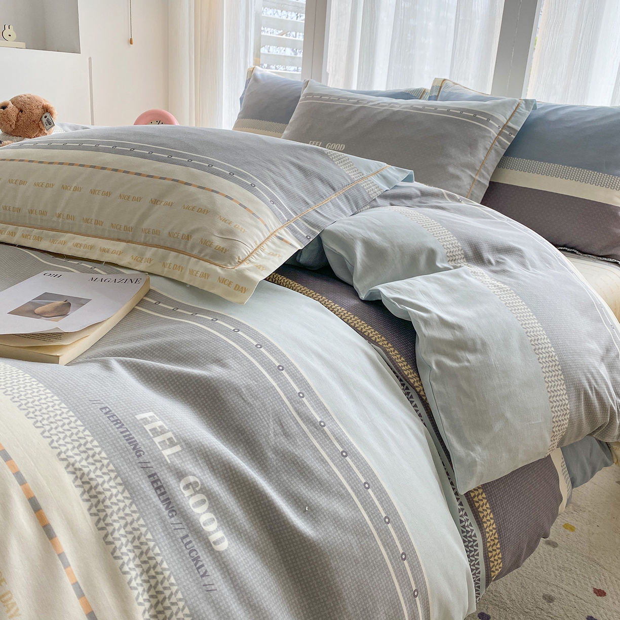 91家纺网 家纺一手货源 找家纺 钰锦铂2026新款直播爆款全棉四件套13070吊边床单一字绣印花纯棉三件套四件套 晴空月半—蓝