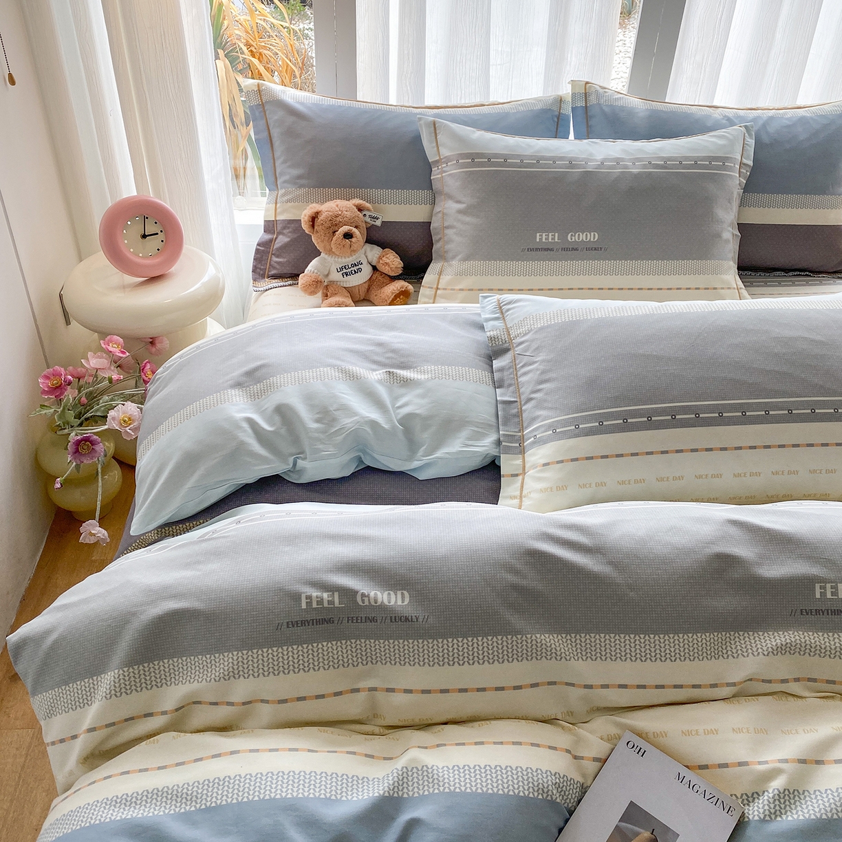 91家纺网 家纺一手货源 找家纺 钰锦铂2026新款直播爆款全棉四件套13070吊边床单一字绣印花纯棉三件套四件套 晴空月半—蓝