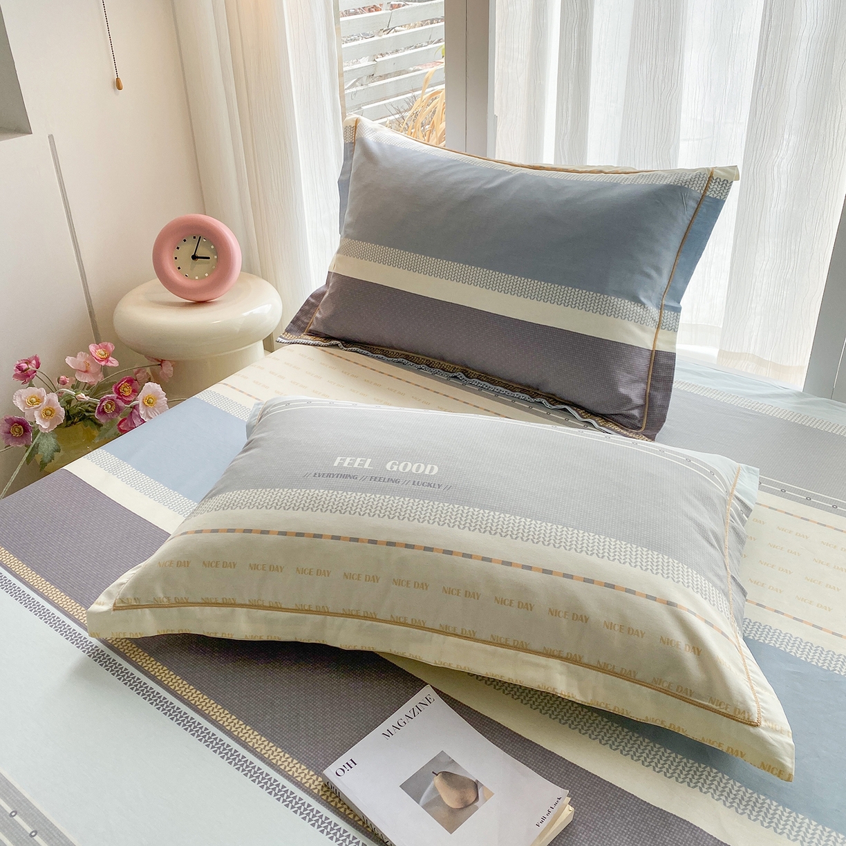 91家纺网 家纺一手货源 找家纺 钰锦铂2026新款直播爆款全棉四件套13070吊边床单一字绣印花纯棉三件套四件套 晴空月半—蓝