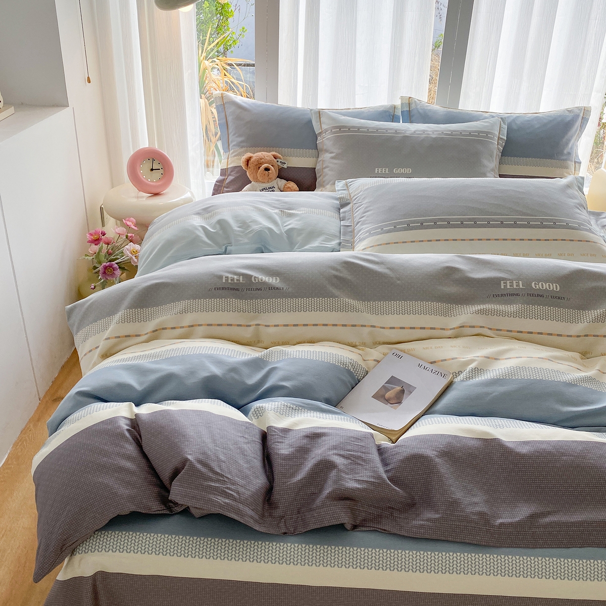 91家纺网 家纺一手货源 找家纺 钰锦铂2026新款直播爆款全棉四件套13070吊边床单一字绣印花纯棉三件套四件套 晴空月半—蓝