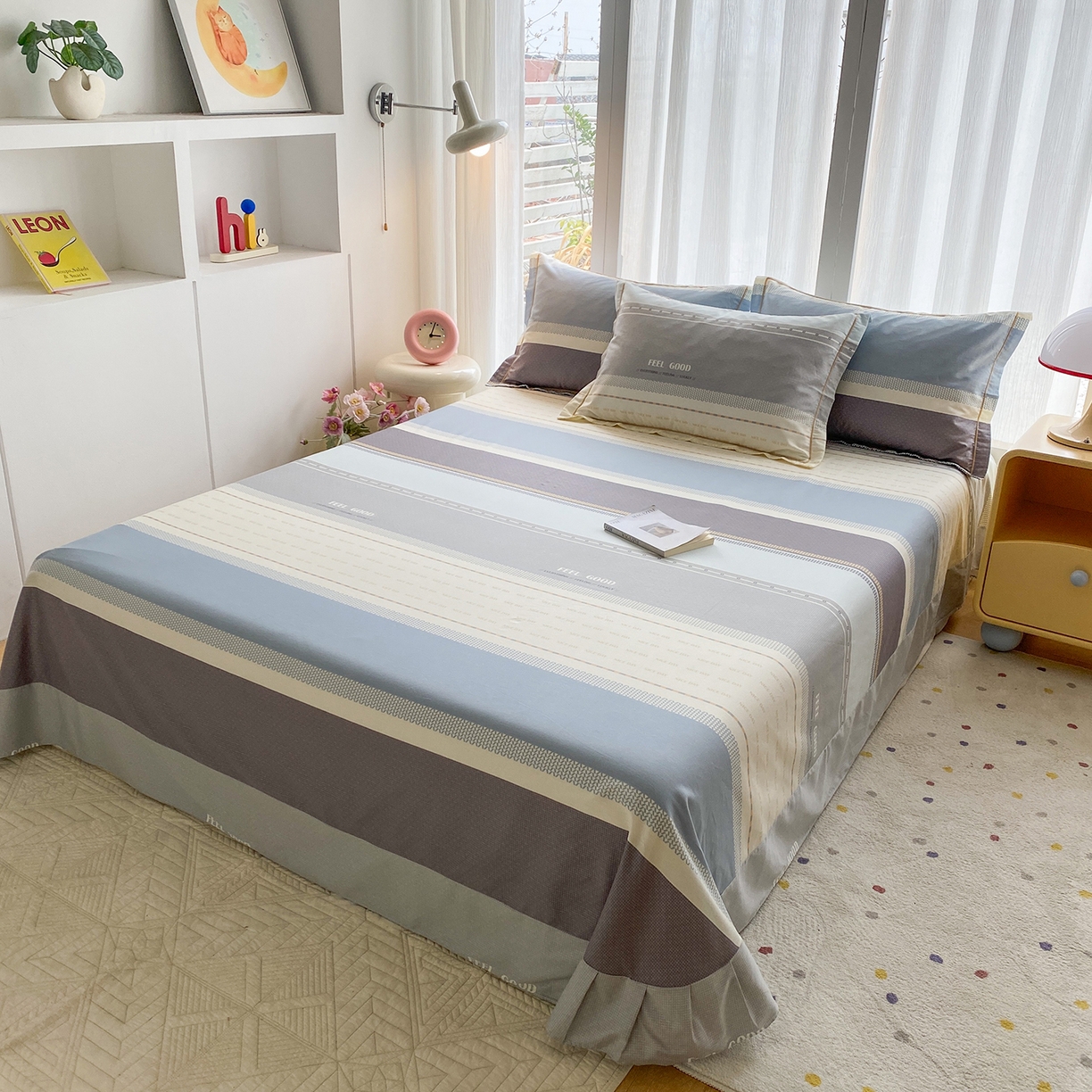 91家纺网 家纺一手货源 找家纺 钰锦铂2026新款直播爆款全棉四件套13070吊边床单一字绣印花纯棉三件套四件套 晴空月半—蓝