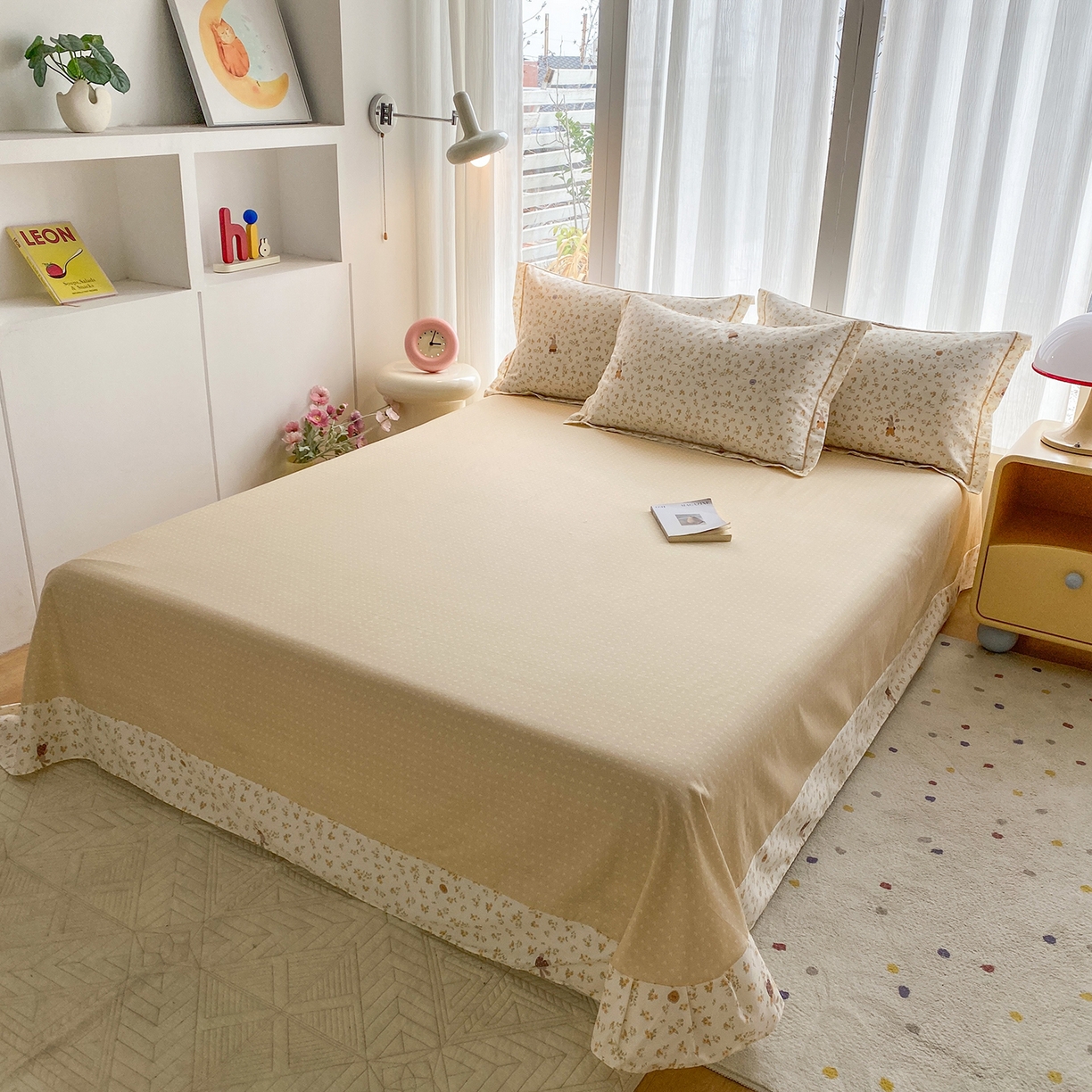 91家纺网 家纺一手货源 找家纺 钰锦铂2026新款直播爆款全棉四件套13070吊边床单一字绣印花纯棉三件套四件套 兔兔-咖