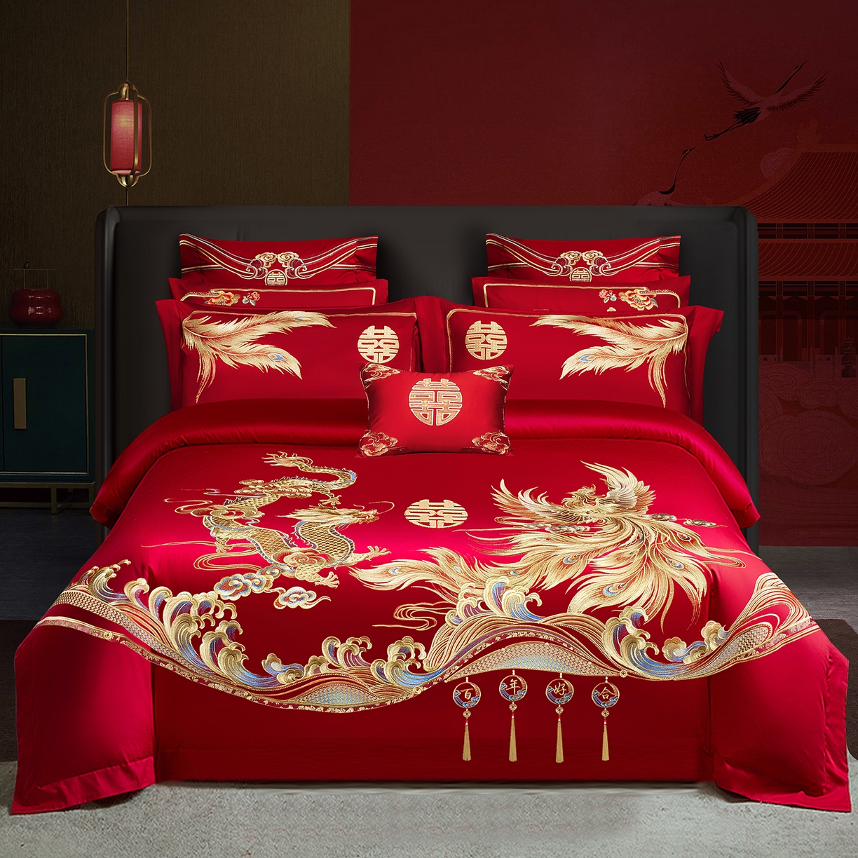 柏拉图 2026新款100s长绒棉纯棉贡缎提花重工艺刺绣婚庆四件套多件套 锦绣龙凤