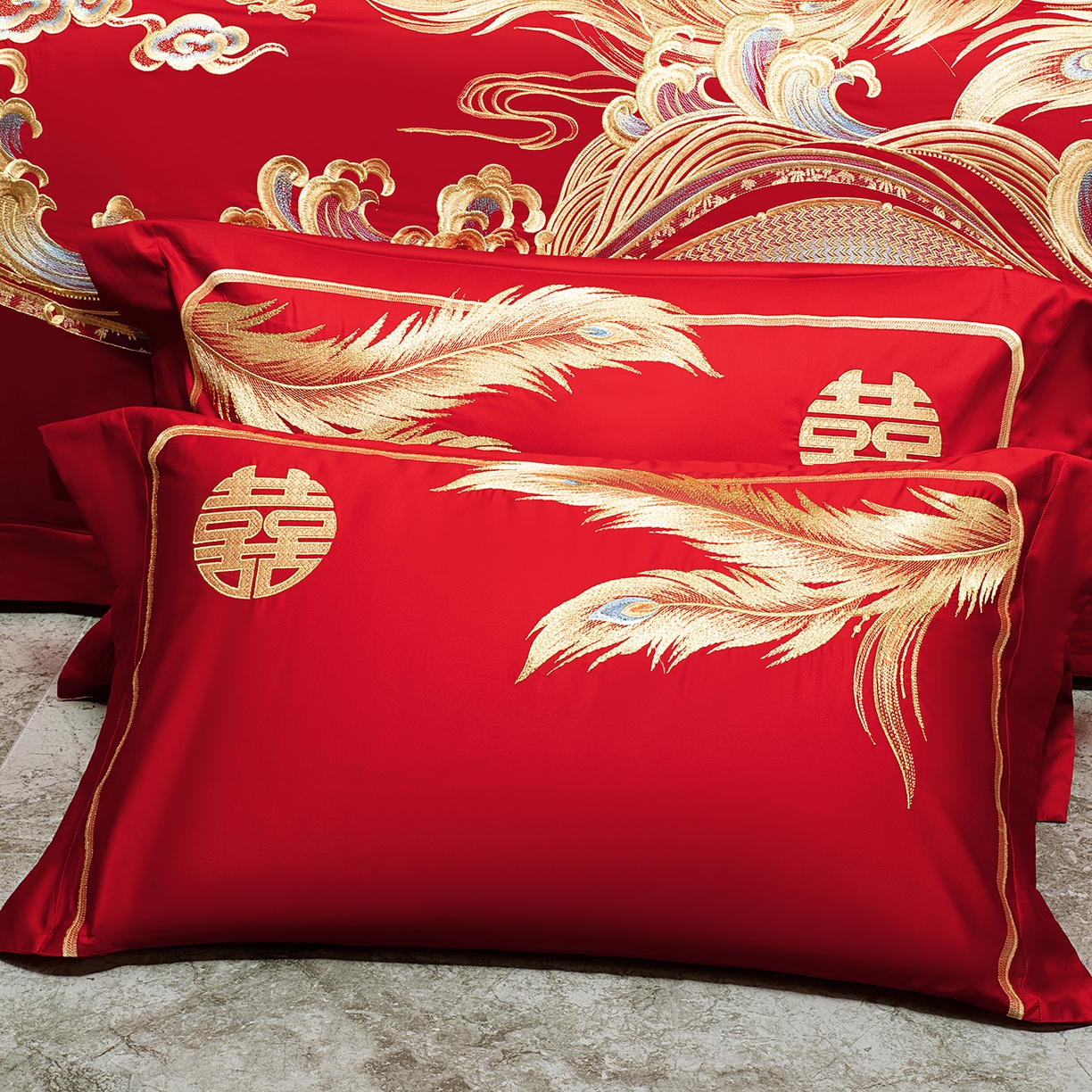 91家纺网 家纺一手货源 找家纺 柏拉图 2026新款100s长绒棉纯棉贡缎提花重工艺刺绣婚庆四件套多件套 锦绣龙凤