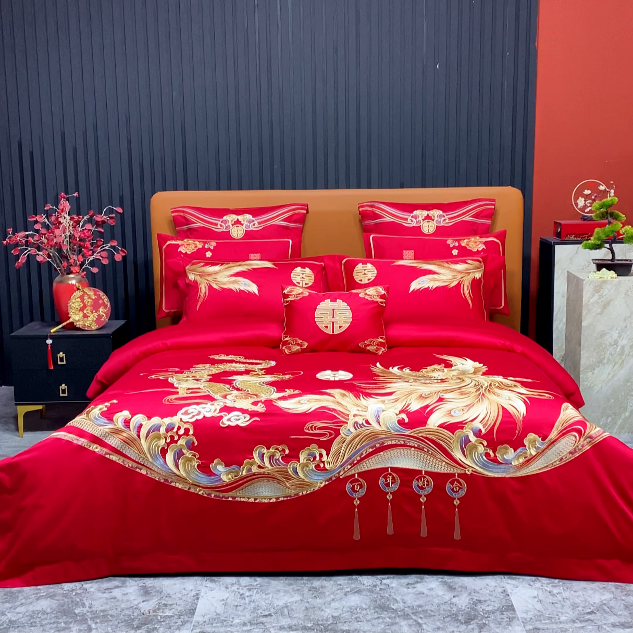 91家纺网 家纺一手货源 找家纺 柏拉图 2026新款100s长绒棉纯棉贡缎提花重工艺刺绣婚庆四件套多件套 锦绣龙凤