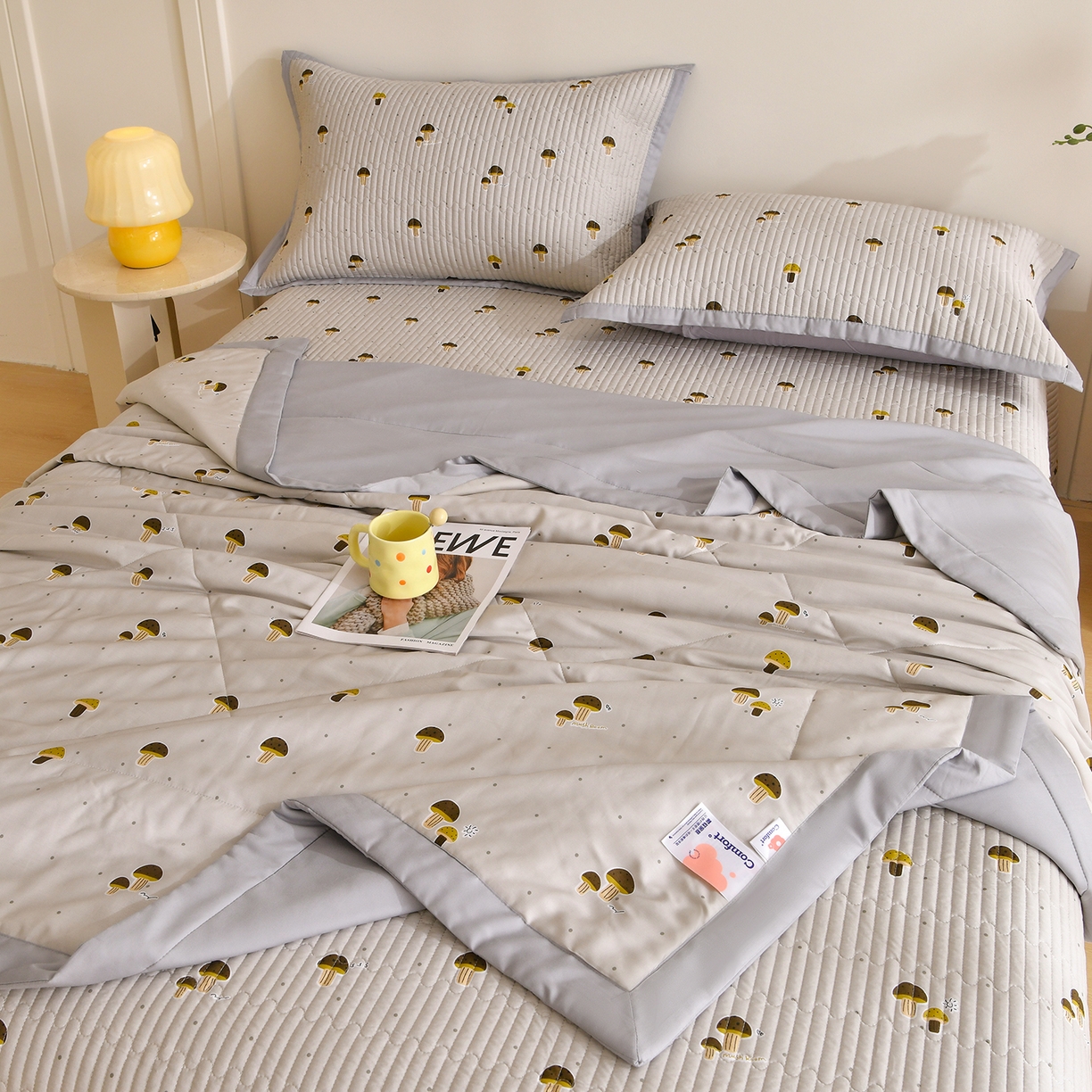 金艾草 2026新款莫代尔天丝印花夏被床盖四件套三件套 蘑菇派