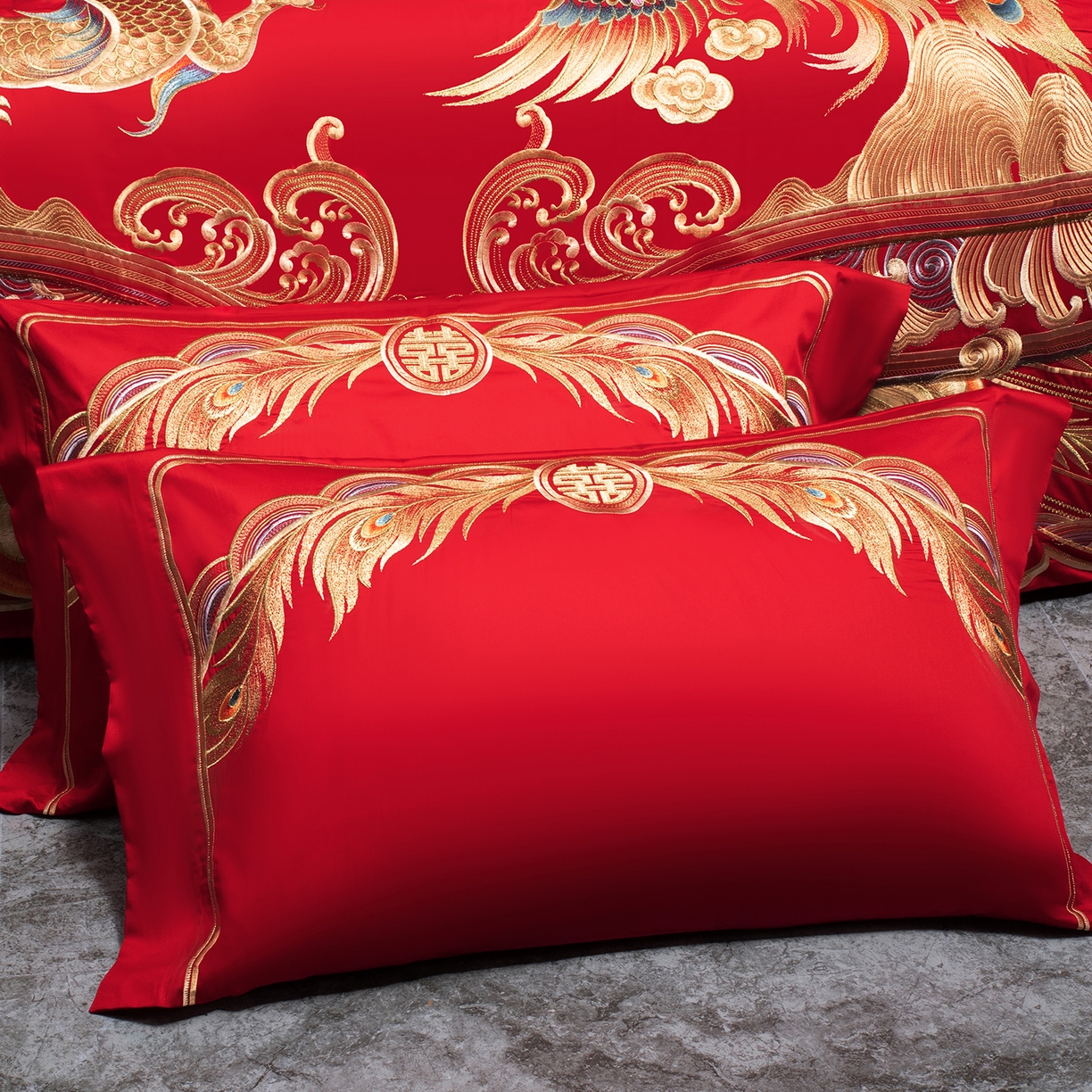 91家纺网 家纺一手货源 找家纺 柏拉图 2026新款100s长绒棉纯棉贡缎提花重工艺刺绣婚庆四件套多件套 九五至尊