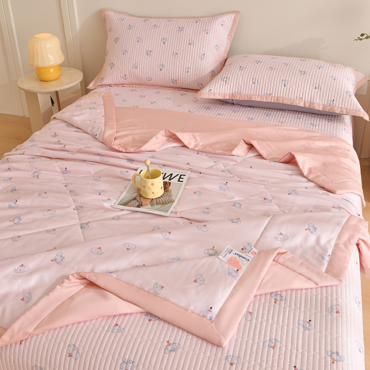 金艾草 2026新款莫代尔天丝印花夏被床盖四件套三件套 粉色-小象